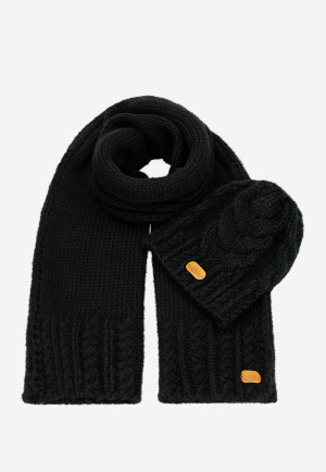 Czarny Komplet Z Wełny Merino - Czapka + Szalik