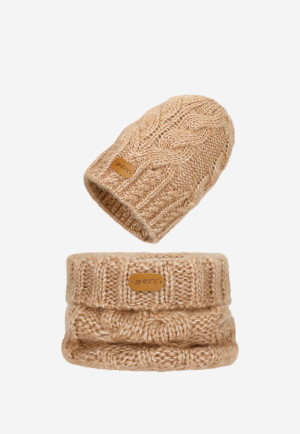 Jasnobrązowy Zestaw Bartek Z Wełny Merino 85604-82, Czapka + Komin