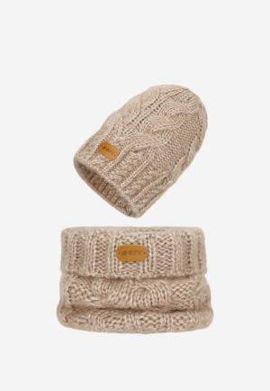 Beżowy Zestaw Bartek Z Wełną Merino 85604-84, Czapka + Komin
