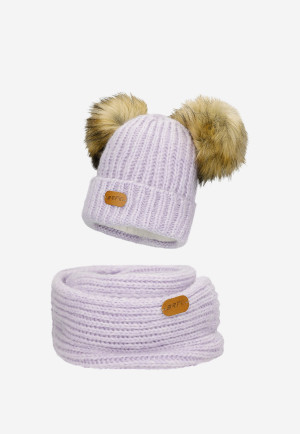 Fioletowy Zestaw Bartek 85603-86  Z Wełną Merino - Czapka Z Dwoma Pomponami I Komin