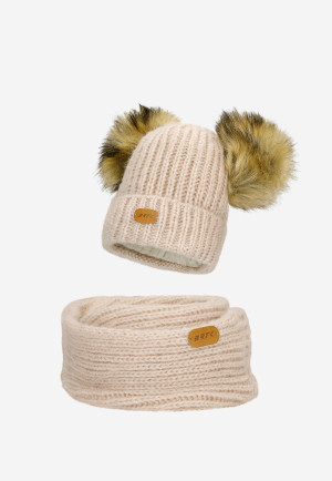 Zestaw Zimowy Z Wełną Merino Bartek 85603-84 Beżowa Czapka Z Dwoma Pomponami I Komin