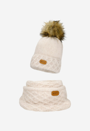 Jasnobeżowy Komplet Bartek 8560284 Czapka + Komin Z Wełną Merino