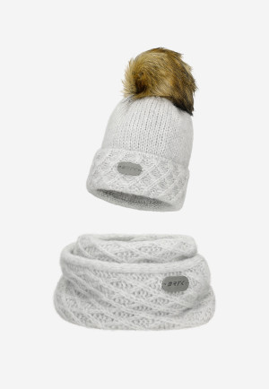 Szary Zestaw Bartek Z Wełną Merino 85602-80 Czapka Z Puchatym Pomponem + Komin