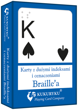 Karty do gry niebieskie z dużymi indeksami i znakami Braile'a