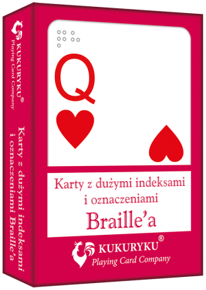 Karty do gry czerwone z dużymi indeksami i znakami Braile:a