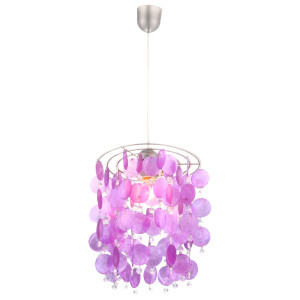 LED Hängeleuchte, Muschelbehang lila, Kristalle klar
