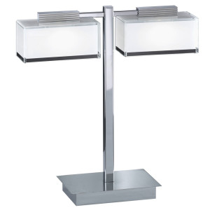 LED Tischleuchte aus chrom und weißem Glas mit klarem Rand