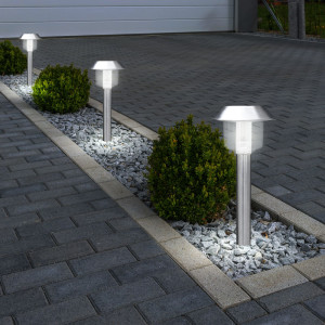 3er Set LED Solarlampen, Edelstahl, rund, Erdspieß, H 41 cm