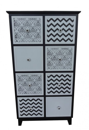 Kommode MDF 8 Laden schwarzweiß gemustert Korpus schwarz lackiert