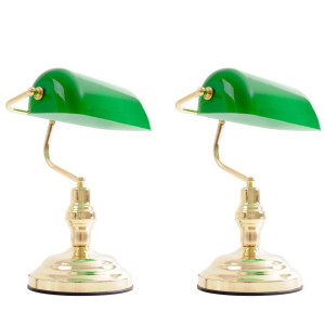 2er Set Antike Schreibtischlampen aus Messing mit grünem Glas