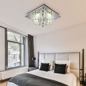 Elegante LED Deckenlampe aus Chrom mit Kristallglasbehang