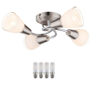 LED Deckenleuchte aus Chrom mit vier opalen Glasschirmen