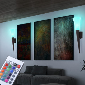 2er Set RGB LED Wandfackel Rostfarben mit Glasschirm RADUZ
