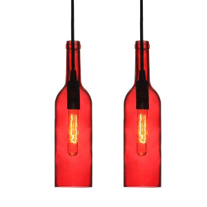 2er Set Pendellampen in Flaschenform aus rotem Glas VT-7558