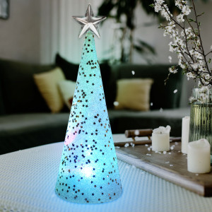 RGB LED Deko Tischleuchte, Weihnachtsbaum, Glas, H 24 cm