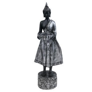 Buddha Figur mit Kerzenständer im silbernen Farbton