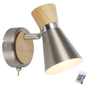 RGB LED Wandlampe aus Chrom und Holz mit beweglichem Spot