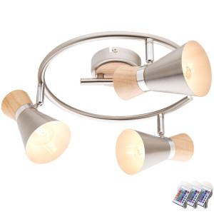 RGB LED Deckenlampe aus Holz und Chrom mit beweglichen Spots