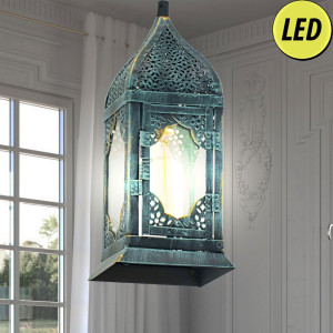 LED Hängelaterne aus Metall und Glas in patina grün VINTAGE