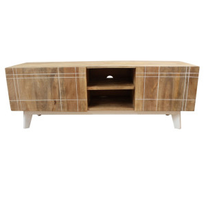Schrank Kommode, 2 Türen, 2 Ablagen, Mango Holz, MDF,  natur, weiße Holzfüsse