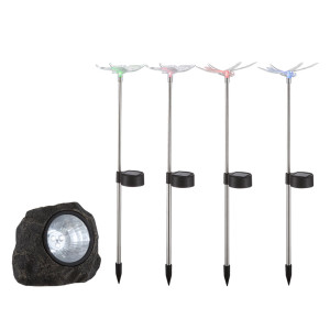 5er Set LED Solarlampen in Schmetterling -und Steinoptik
