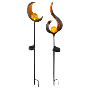 2er Set LED Solarleuchten, Flamme, Mond mit Glaskugel