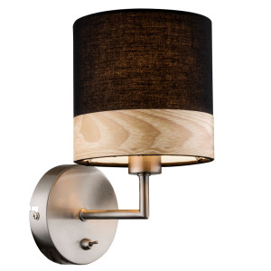 Wandlampe, nickel-matt, Holz braun, Textil schwarz, 15 cm