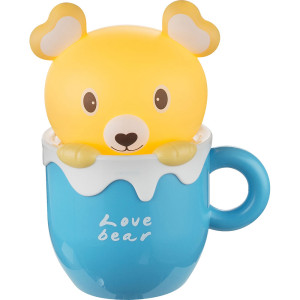 LED Tischleuchte, Bär in Tasse, blau, gelb, H 19,5cm