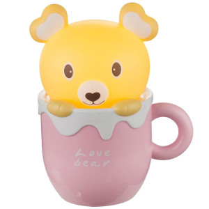 LED Tischleuchte, Bär in Tasse, pink, gelb, H 19,5cm, AMPATO