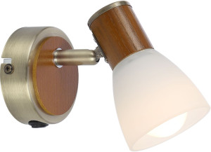 Wandleuchte, Altmessing, Holz, dunkelbraun, Glas, Opal, weiß