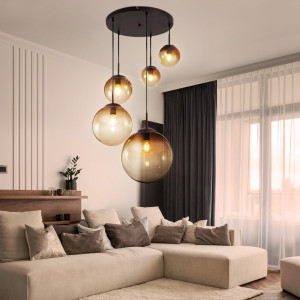Hängelampe, 5x Glaskugeln, amber, Höhe 150 cm, Varus