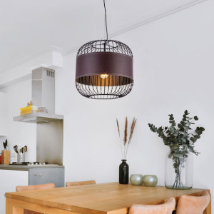 Hängeleuchte, Metall, Schwarz, Lederring, H 120 cm