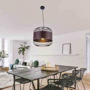 Pendelleuchte, Metall-Gitter,  Schwarz, Lederring