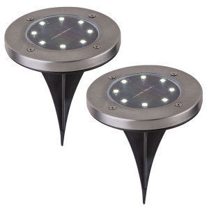2er Set LED Solarleuchte, rund, Flach mit Erdspitz