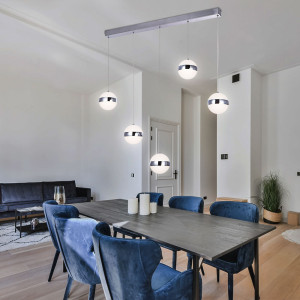 LED Hängeleuchte, Metall, nickel-matt, Chromring, Opal