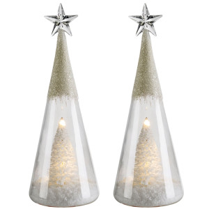 2er Set LED Glaskegel, Baum mit Kunstschnee und Glitzereffekt