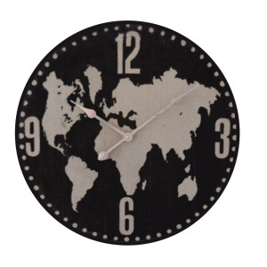 Wanduhr, Weltkarte, Stoff schwarz, weiß Durchmesser 60 cm