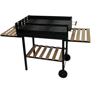 Grillwagen mit Holzablagen, Doppelrost, schwarz, Holzgriffe