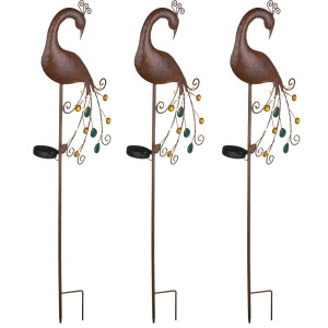 3er Set LED Solar Steckleuchten, Pfau bronzefarben, H 90 cm
