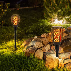2er Set LED Solarlampen, Feuer-Effekt, Garten Fackel H 58 cm