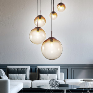 LED Hängelampe, 5x Glaskugeln, amber, Höhe 150 cm, Varus