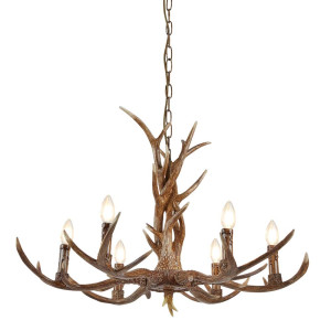 Stag 6Flammiger Geweih Pendelleuchte, Braun gemalt dimmbar