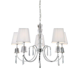 Portico Chrom/Glas 5Flammiger Pendelleuchte, Weisser Schnurschirm