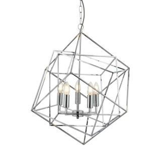 Cube 5Flammiger Pendelleuchte, Geometrischer Würfelrahmen, Chrom