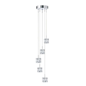 Ice Cube Led , 5Flammiger Multi-Drop, Klarglas Schirme, Chrome