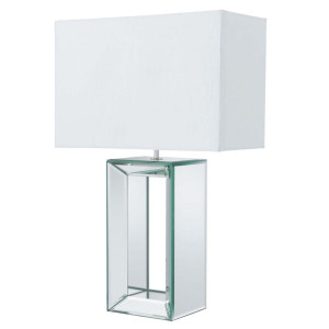 Tischleuchte, Spiegelfuß, Glas, Stoff, Holz, Weiß