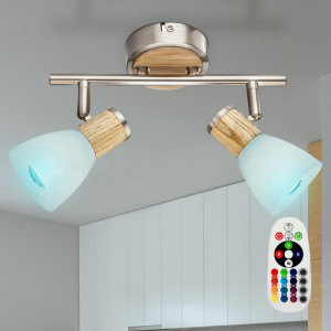 RGB LED Deckenleuchte, Spots beweglich, Holz, Glas, opal, GYLFI