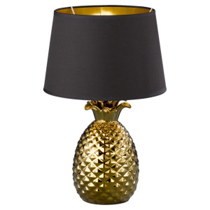 Keramik Tischleuchte, Textil schwarz gold, H 43 cm, PINEAPPLE