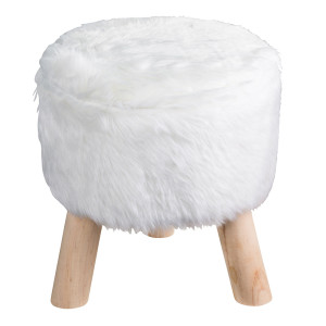 Hocker, 3 Holzbeine, Kunstfell weiß, 32 cm
