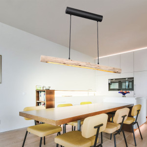 LED Hängeleuchte, Holzbalken, natur, schwarz-matt, L 80 cm